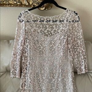 NWOT Kay Unger Lace Long Sleeve Dress Cream Silver Sequences